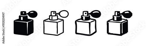 Simple Square Perfume Bottle with Atomizer Icon Set in Four Styles