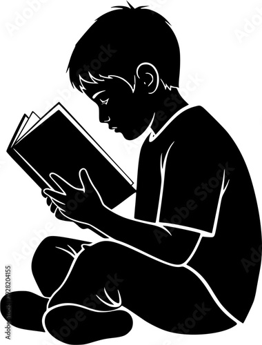 Silhouette of Boy Engrossed in Reading a Book, Sitting Comfortably, Focused on Story