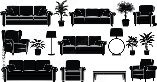 Modern Living Room Furniture Silhouette Set with Comfortable Sofas, Armchairs, Potted Indoor Plants, Floor Lamps, and Coffee Table Vector Icons.