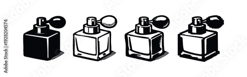 Rectangular Perfume Bottle Icon Set with 3D Perspective and Sprayer