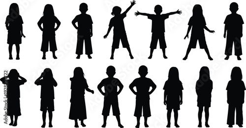 Children silhouettes collection showing boys and girls standing poses playful gestures isolated black vector illustration set for education family design