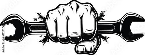 Vector illustration of clenched fist holding wrench, symbol of labor strength, mechanical repair power, industrial protest icon, bold black graphic design