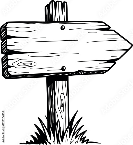 A weathered wooden signpost pointing to an unknown direction in a grassy area