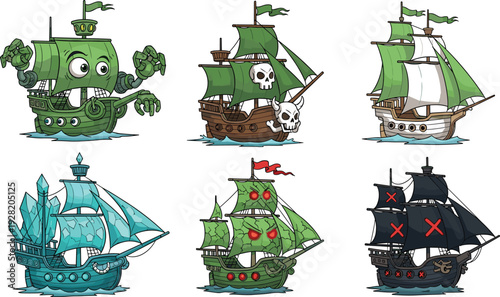 Set of cartoon pirate ships with skull sails cannons and fantasy elements isolated on white background vector illustration