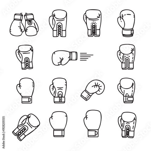 Boxing Gloves Icon Set Outline Various Angles and Styles Isolated on White