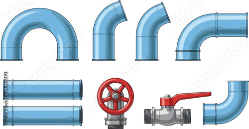 Set of blue plumbing pipe vector illustrations featuring various elbow joints u-bends straight sections and red handled industrial valves isolated on white