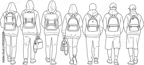Group of diverse young people wearing casual hoodies and backpacks walking together, back view line art vector illustration, outdoors adventure