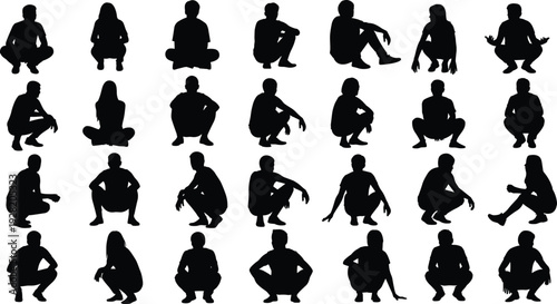 Black silhouette collection of people sitting and crouching in various casual poses isolated on white background for lifestyle graphic design