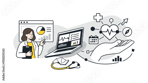 Modern minimal flat vector conceptual collage, crisp hard edges, consistent THIN outline stroke, rounded corners where needed,