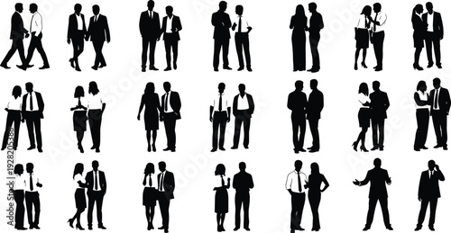 Black silhouette collection of professional business people and corporate teams standing and talking in various poses isolated on white background