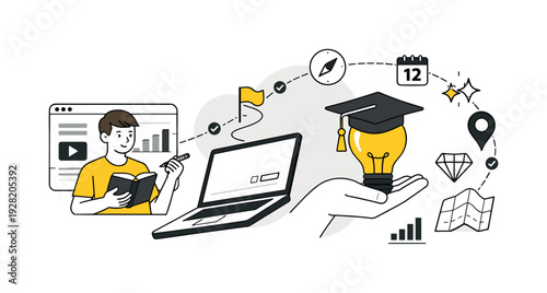 Modern minimal flat vector conceptual collage, crisp hard edges, consistent THIN outline stroke, rounded corners where needed,