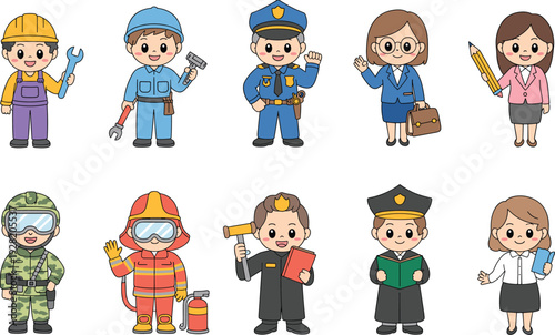 Cute cartoon professions collection, kids career characters set, workers and community helpers illustration, colorful occupation design