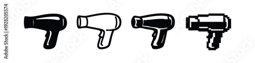 Modern Hair Dryer Icon Collection. Stylized blow dryer symbols including solid, outlined, and 8-bit pixel art.