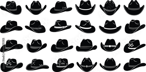 Black silhouette collection of various cowboy hats and western headwear icons isolated on white background for country and rodeo design