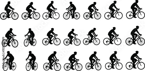 Black silhouette collection of professional road cyclists and mountain bikers riding in various poses isolated on white background for design