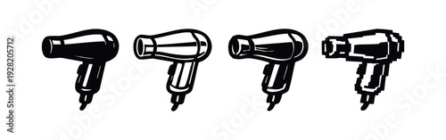 Hair Dryer Icons Set. Vector collection of blow dryer symbols in solid, outline, and pixelated styles.