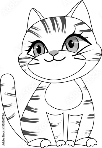 Cute zoo. Animals. The tabby kitten is sitting. Coloring page template for kids. Editable vector