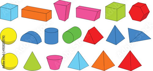 Set of 3D geometric shapes vector illustrations featuring colorful cubes spheres cylinders cones pyramids and prisms for math education and spatial design
