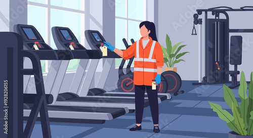 Fitness Trainer Cleaning Treadmill in Gym.