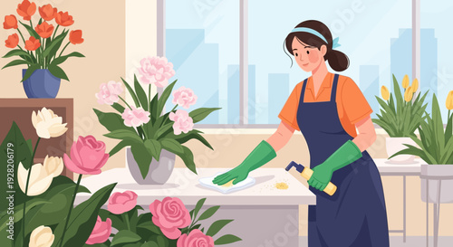 Florist Arranging Flowers in Workshop.