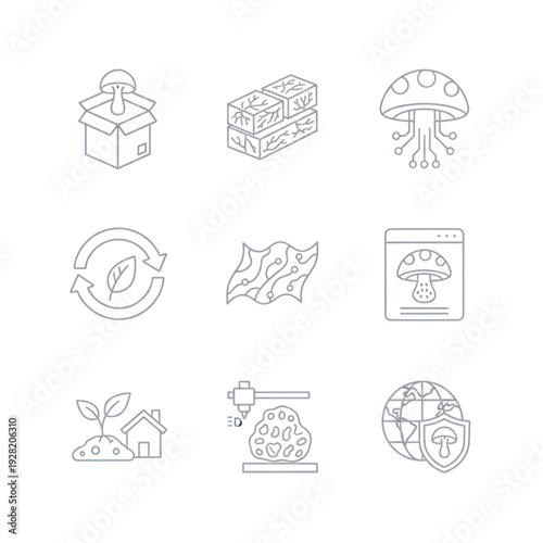 Mycelium Biotechnology and Sustainable Fungi Packaging Icon Set. Linear vector illustrations of mushroom-based eco-materials, bio-fabrication, 3D printed mycelium, and circular economy concepts.