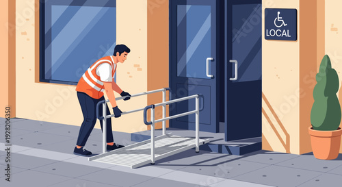 Man in Orange Vest Pushing Wheelchair Ramp.