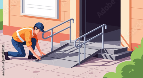 Man Installing Metal Ramp at Entrance.