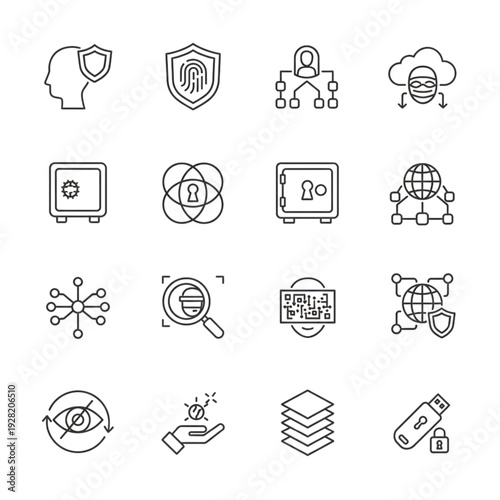 Cybersecurity and Data Privacy Icon Set. Vector line illustrations of digital identity protection, biometric security, encrypted cloud storage, firewall, and private network concepts.