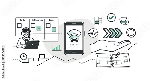 Modern minimal flat vector conceptual collage, crisp hard edges, consistent THIN outline stroke, rounded corners where needed,