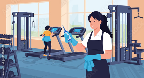 Personal Trainer Cleaning Gym Equipment Illustration.