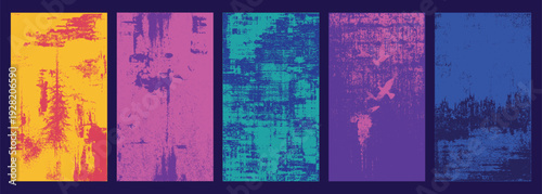 Abstract turquoise grunge background with flying bird silhouettes and distressed pine tree, featuring rough spray paint textures, scratch marks, and vintage street art effects for creative poster and 