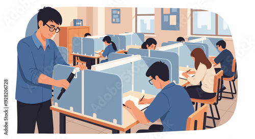 Teacher Supervising Students Taking Exam in Classroom.