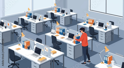 Office Worker Standing at Desk Using Computer.