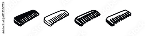 Isometric Hair Comb Icon Set. Angled vector collection of hairbrush symbols in solid, outline, and pixel art.