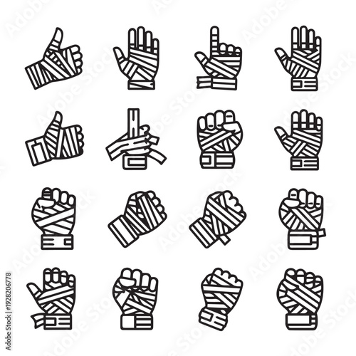 Boxing Hands Wrapped with Bandages Icons Set Various Gestures and Fists