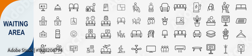 Waiting area and lounge furniture icons set, outline symbols for reception lobby airport station office interior and guest seating vector illustration