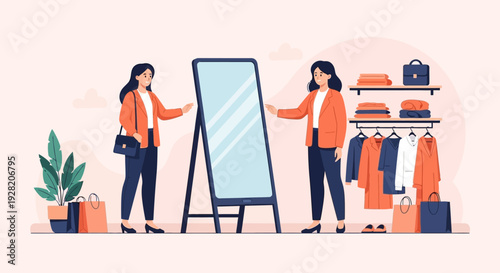 Two Women Examining Blank Signboard Together.
