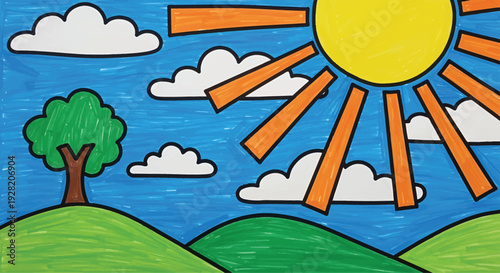 Sun Shining Brightly on Green Hills with Clouds