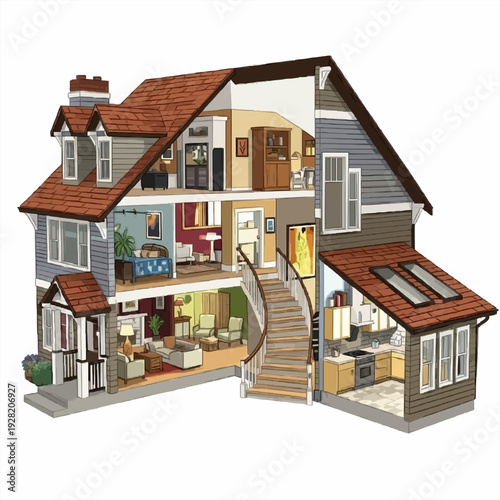 Detailed Cutaway of a Two-Story Family Home