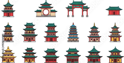 Set of traditional East Asian architecture vector illustrations featuring pagodas temples pavilions and ceremonial gates with green roofs isolated on white