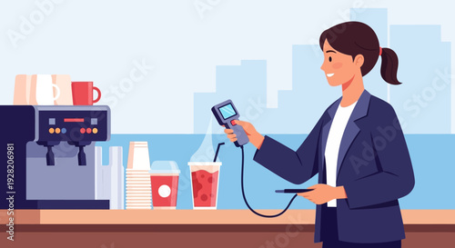 Woman Charging Phone at Coffee Machine Counter.