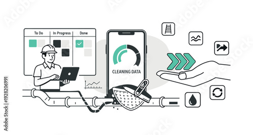 Modern minimal flat vector conceptual collage, crisp hard edges, consistent THIN outline stroke, rounded corners where needed,