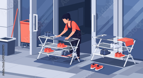 Woman Cleaning Equipment with Red Cleaning Supplies.