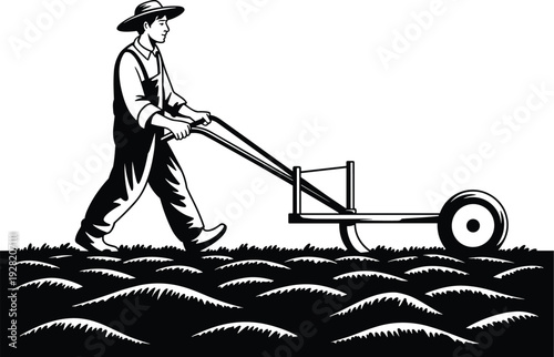 Farmer plowing field with manual cultivator, traditional agriculture work, vintage rural farming vector illustration isolated