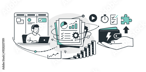 Modern minimal flat vector conceptual collage, crisp hard edges, consistent THIN outline stroke, rounded corners where needed,