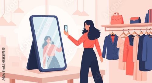 Woman Taking Selfie with Virtual Try On Screen.