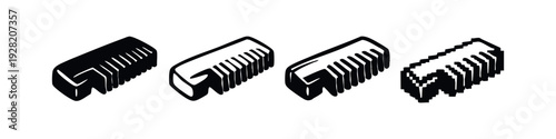 Angled Hair Comb Icon Pack. Vector set of grooming comb symbols with solid, outline, and pixelated styles.