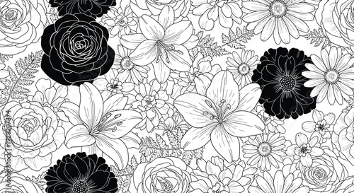 Black and White Floral Pattern with Roses and Daisies