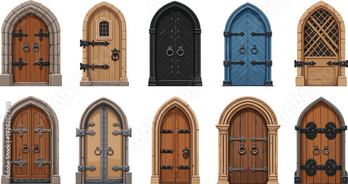Set of medieval fantasy door vector illustrations featuring arched wooden gates with iron hinges stone frames and dungeon entrances on white background