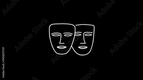Abstract line art illustration of two outline faces or theatrical masks on a black background, symbolizing duality, emotion, and performance.